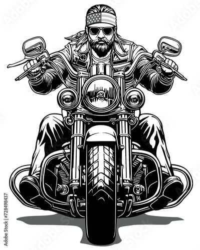 Drawing of a Biker on a Strong Motorcycle - Black and White Illustration with a American Rider from a Frontal View Isolated on a White Background, Vector