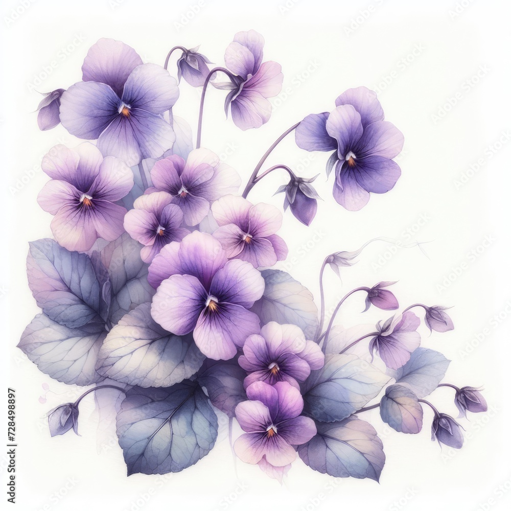 Charming Elegance: Watercolor Violets in a Serene Garden Charming Elegance: Watercolor Violets in a Serene Garden