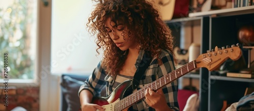 Cropped a curly young woman guitarist enjoy playing guitar in home. AI generated image