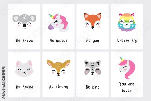 Cute baby animal faces, portraits. Fox, deer, koala, cat, racoon, unicorn, alpaca, lama, bunny. Illustration for printing on fabric, postcard, wrapping paper, book, picture, wallpaper, kid room decor