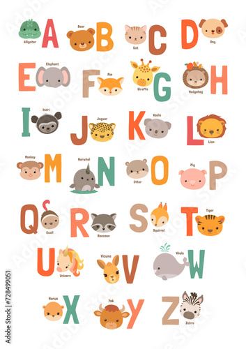 Animals alphabet poster for kids. Fun kawaii animal characters and letters. Cute zoo ABC learning placard. School visual aids for elementary education. Vector illustration. Cartoon children alphabet.