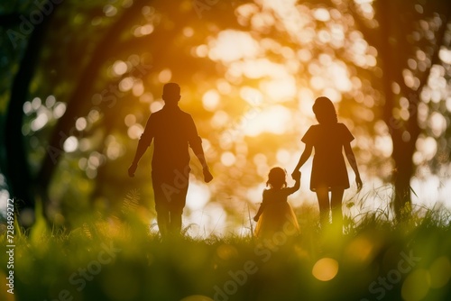 A silhouette of a happy family, consisting of a father, mother, and daughter, is seen walking hand in hand on a lush green background, symbolizing togetherness and love.
