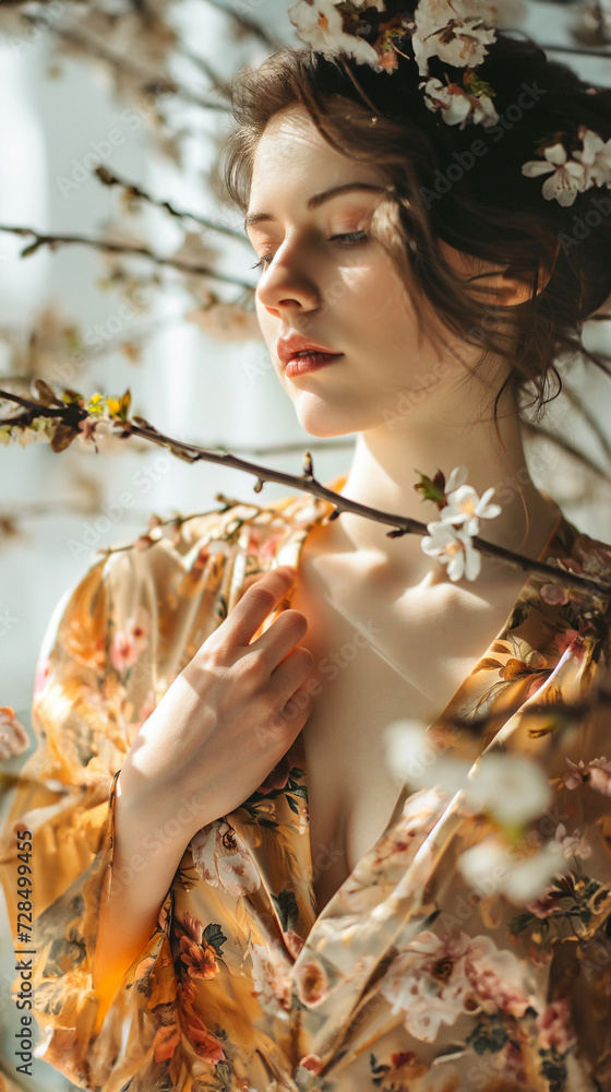 Fototapeta premium Woman in studio wearing white standing among flowers. White studio background.