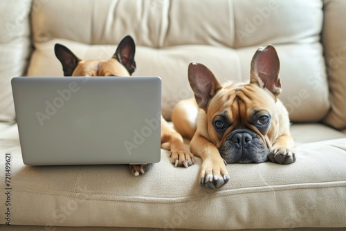 The adorable terrier was lounging on the sofa, typing away on the laptop with his paws, fully immersed in the online world and networking with his furry friends.