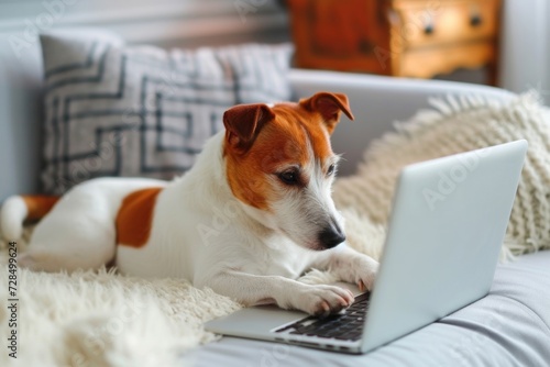The adorable terrier was lounging on the sofa, typing away on the laptop with his paws, fully immersed in the online world and networking with his furry friends. © tonstock