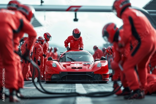 The professional pit crew is on standby, ready to spring into action as their team's race car approaches the pit lane for a crucial pitstop. © tonstock