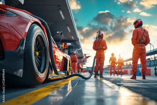 The professional pit crew is on standby, ready to spring into action as their team's race car approaches the pit lane for a crucial pitstop. photo