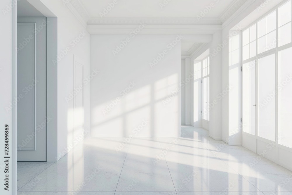 Obraz premium Create your masterpiece in this empty white room with a blank canvas poster mockup on the white wall, using our modern and neutral template to showcase your art.