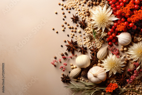 Set of Spices and herbs on table with copy space