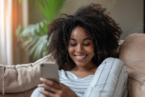The happy young African American woman sat on her sofa, phone in hand, scrolling through her mobile as she came across an exciting game notification. Her eyes lit up as she eagerly watched her screen.