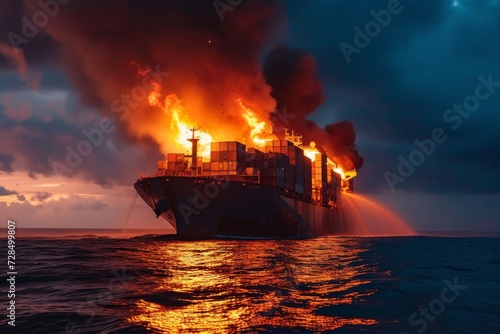 A large cargo ship carrying goods for international trade caught fire and exploded at sea, resulting in a dangerous maritime accident with thick smoke and flames visible from a distance.