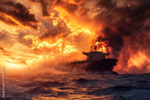 A large cargo ship carrying goods for international trade caught fire and exploded at sea, resulting in a dangerous maritime accident with thick smoke and flames visible from a distance.