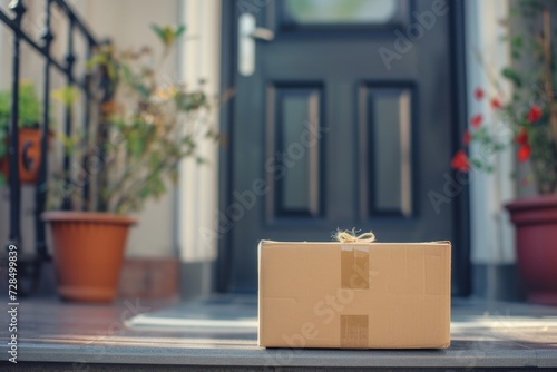 Get your online shopping orders delivered right to your doorstep with our fast and reliable delivery service. Our cardboard parcel boxes are securely placed near your front door for your convenience. photo