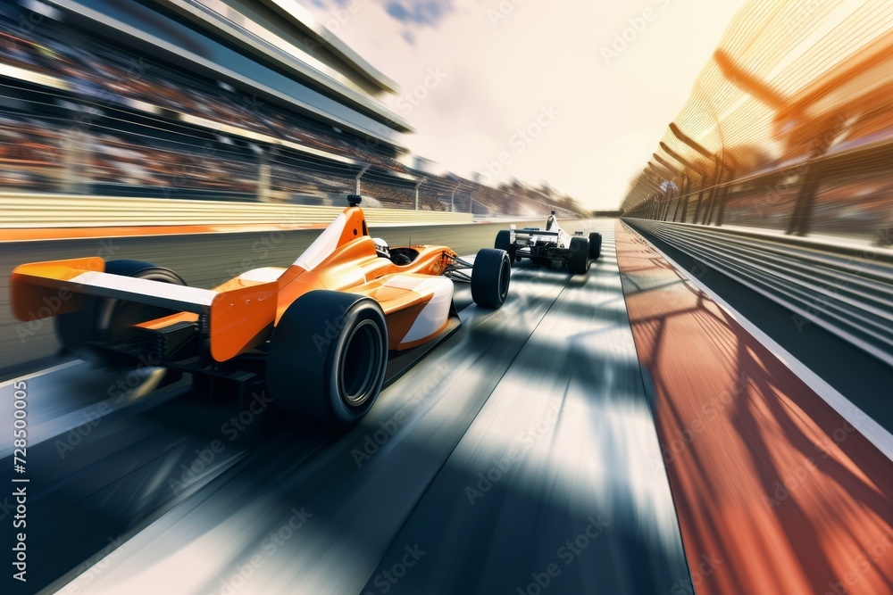 The formula 1 car races past the finish line as the driver celebrates