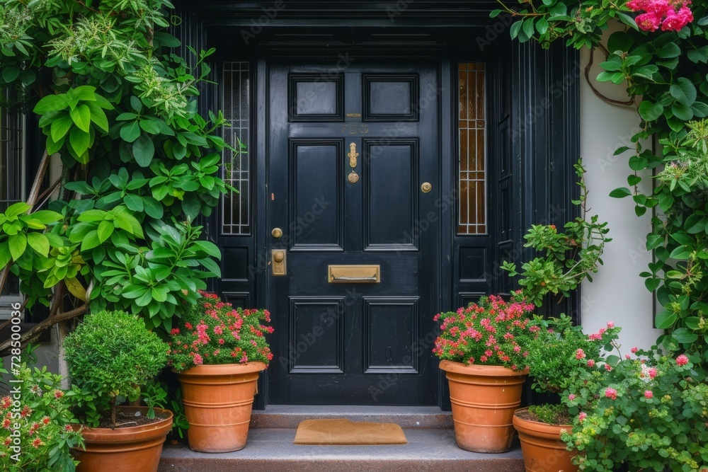 Welcome to the inviting entrance of this modern home, where a sleek black front door is surrounded by lush green potted plants, adding charm to the house's exterior.