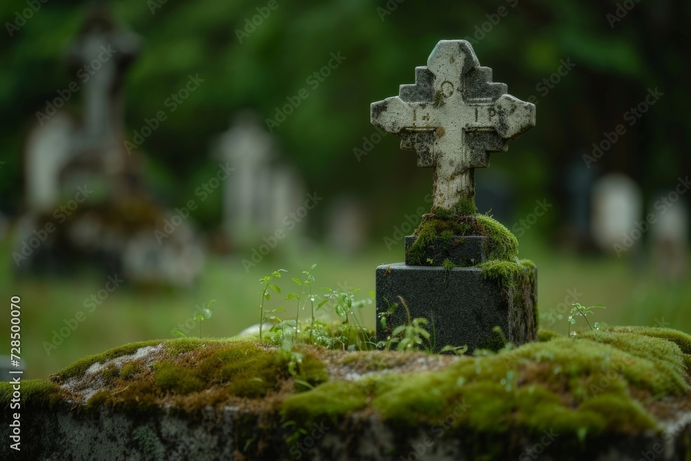Amidst the ancient, weathered gravestones in a quiet cemetery, a moss-covered granite marker bears the inscription RIP as a symbol of peace for the departed.