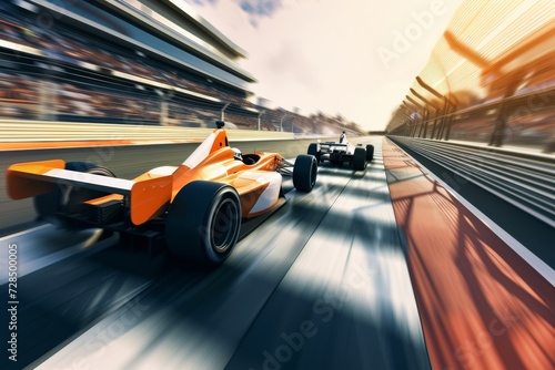 The formula 1 car races past the finish line as the driver celebrates their victory, the team cheering them on. The race has been won, the prize secured. © tonstock