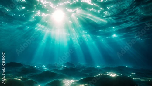 Sunlight streams into the sea in streaks through the ripples of water, as seen from below the ocean's surface. The interplay of the clear blue color of the sea and the light creates a balance of still photo