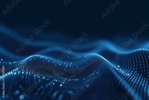 Abstract blue background, featuring dynamic waves, intricate lines, and a mesmerizing pattern of dots that represent the vast network of big data and AI technology.