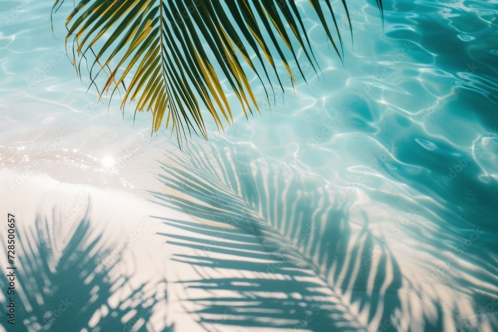 The water reflects the shadows of palm leaves on the white sand beach, creating a beautiful abstract background perfect for a summer vacation. The water reflects the shadows of palm leaves on the white sand beach, creating a beautiful abstract background perfect for a summer vacation.