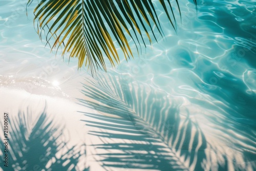 The water reflects the shadows of palm leaves on the white sand beach, creating a beautiful abstract background perfect for a summer vacation. © tonstock