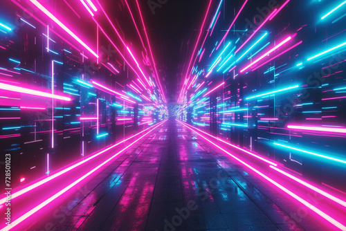 Abstract image showcasing a vibrant neon tunnel with a dynamic light speed effect.