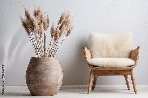 Comfortable armchair and pampas grass in vase near white wall. The concept of stylish interior designs
