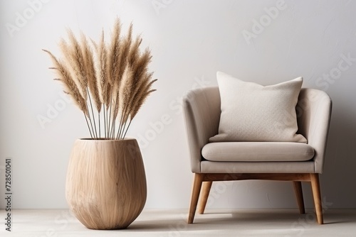 Comfortable armchair and pampas grass in vase near white wall. The concept of stylish interior designs