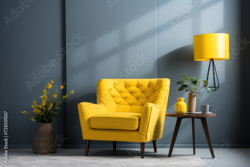 Yellow armchair in modern living room with blue wall and floor lamp. The concept of stylish interior designs