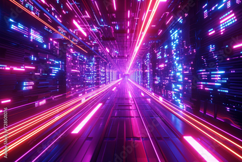 Abstract image showcasing a vibrant neon tunnel with a dynamic light speed effect. © swissa