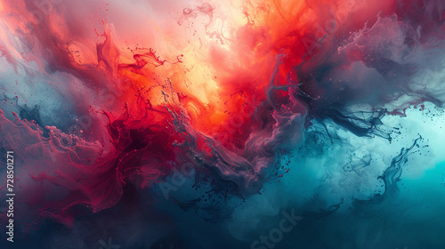 Energetic splashes of crimson and teal converge, creating an abstract explosion of passion and vitality.  photo