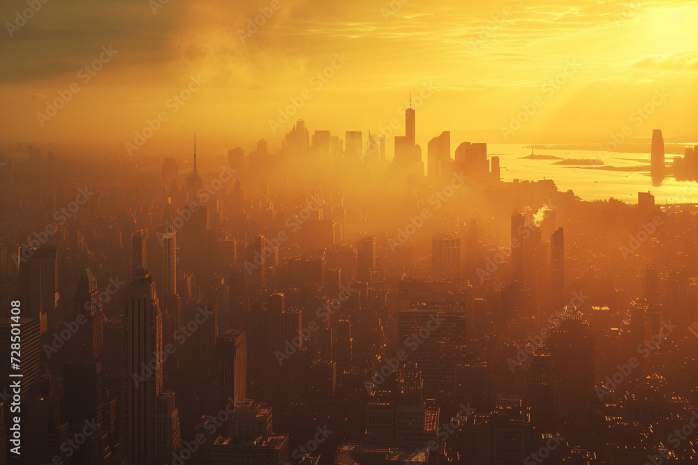 Aerial View of City Skyline Bathed in Golden Sunset Light