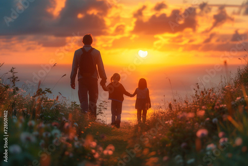 Silhouette of Muslim family holding hands together while walking toward city at sunrise time © Nadezda Ledyaeva