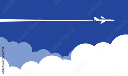 White plane in the blue sky flying above the clouds. Vector background template for web page header