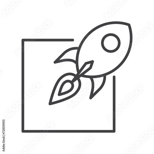 Rocket spaceship launching out of square box, space, fast shipping, delivery logo vector line art icon.
