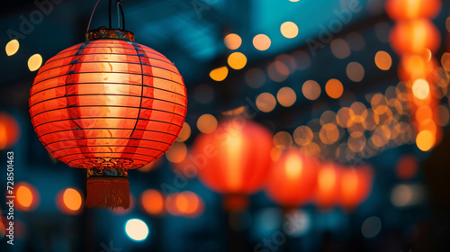 Chinese New Year - Paper Lanterns Glowing with Twinkle Lights Effect in Background - Holiday Theme - With Copy Space