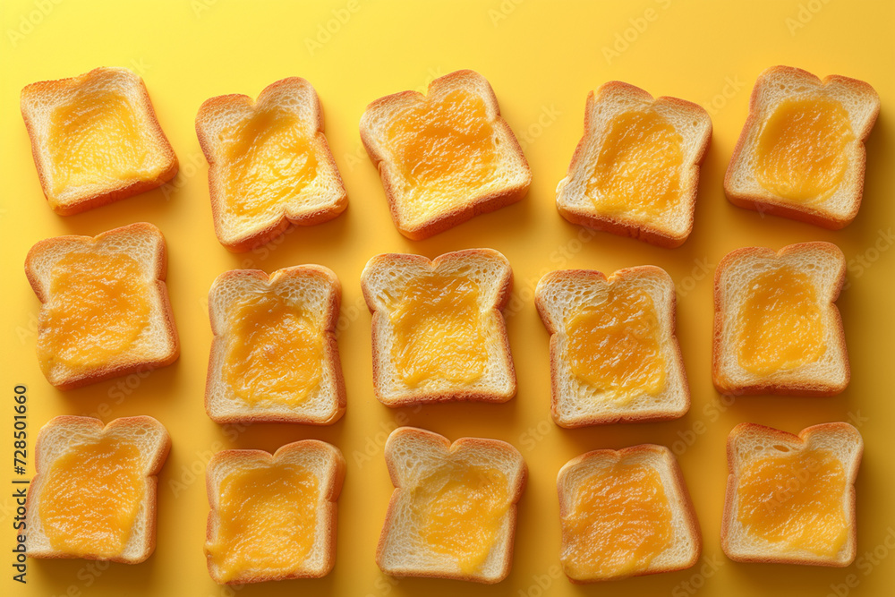 Pattern with fresh toasted bread on gray background flat lay top view Pattern with fresh toasted bread on gray background flat lay top view