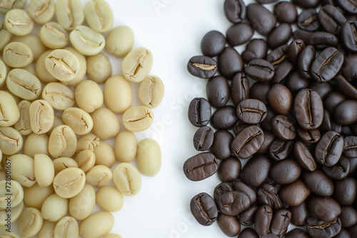 Comparison between roaste and raw unroasted coffee beans seed