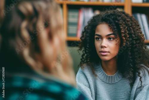 High school counselor sits across from a teenage girl, offering advice and guidance in her cozy office. The two engage in a discussion about the student's future career plans. photo