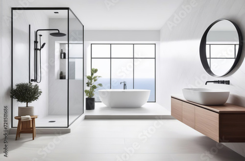 Modern minimalist bathroom interior  bathroom cabinet. Sea view  white sink  interior plants. Accessories  bathtub  mirror  black shower. White walls  concrete floor. Luxury Ensuite mounted vanity.