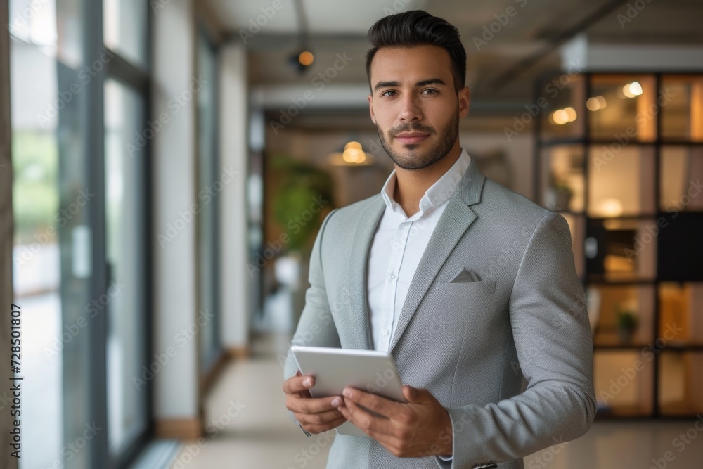 A young professional Latin businessman stands confidently in his office, tablet in hand, ready to tackle the day's tasks with expertise and a smile. A young professional Latin businessman stands confidently in his office, tablet in hand, ready to tackle the day's tasks with expertise and a smile.