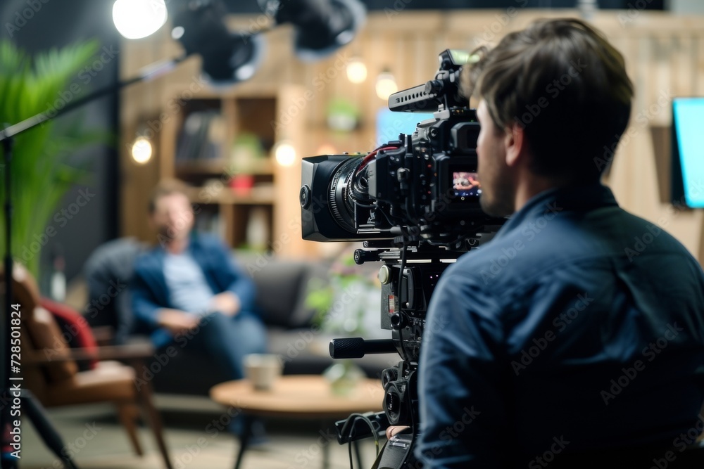 Cameraman captures an exclusive interview with a celebrity guest as the journalist prepares to broadcast live on television, creating a behind-the-scenes look at the media industry. Cameraman captures an exclusive interview with a celebrity guest as the journalist prepares to broadcast live on television, creating a behind-the-scenes look at the media industry.