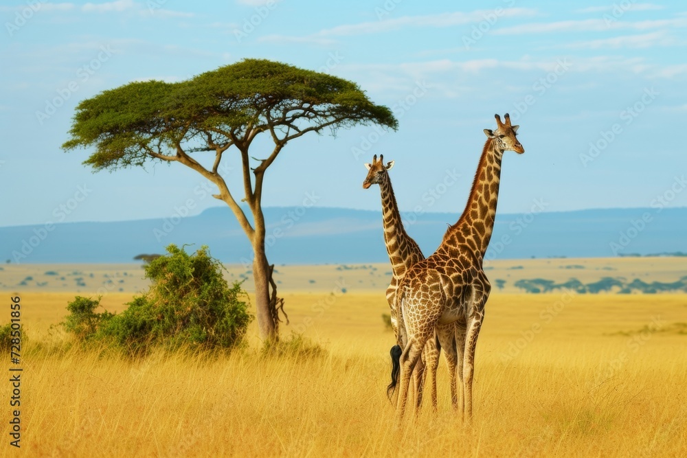 Fototapeta premium Africa's towering giraffes roam the savannahs of Tanzania and Kenya, their long necks reaching for the bright yellow grass as the sun rises on a Serengeti safari.