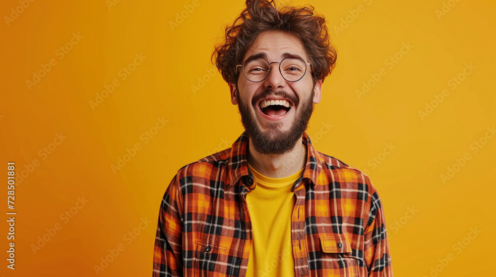 Joyful Young Man with Excited Expression on Yellow Joyful Young Man with Excited Expression on Yellow