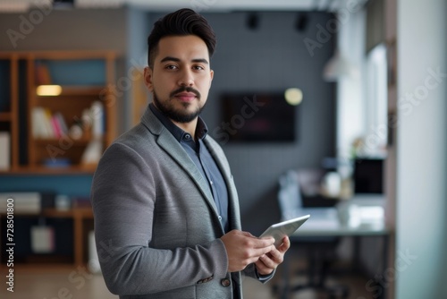 Portrait of a young Latin man holding a tablet, showcasing his professionalism as he stands confidently in his office.