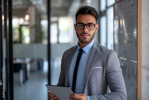 A young professional Latin businessman stands confidently in his office, tablet in hand, ready to tackle the day's tasks with expertise and a smile.