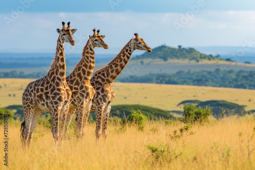 Africa's towering giraffes roam the savannahs of Tanzania and Kenya, their long necks reaching for the bright yellow grass as the sun rises on a Serengeti safari. © tonstock