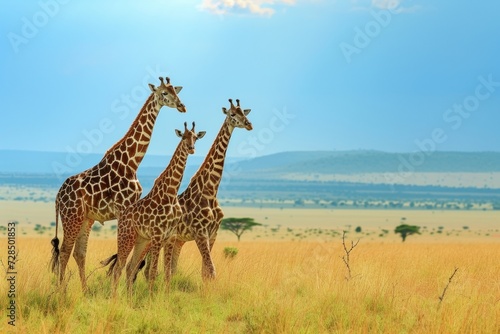 Africa s towering giraffes roam the savannahs of Tanzania and Kenya  their long necks reaching for the bright yellow grass as the sun rises on a Serengeti safari.
