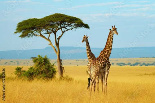 Africa's towering giraffes roam the savannahs of Tanzania and Kenya, their long necks reaching for the bright yellow grass as the sun rises on a Serengeti safari. © tonstock