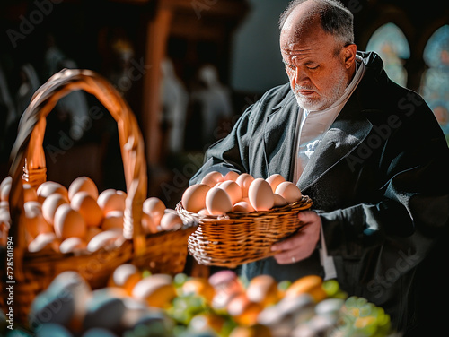 A priest in festive clothes holds a wicker basket with Easter eggs, in the solemn atmosphere of the church photo